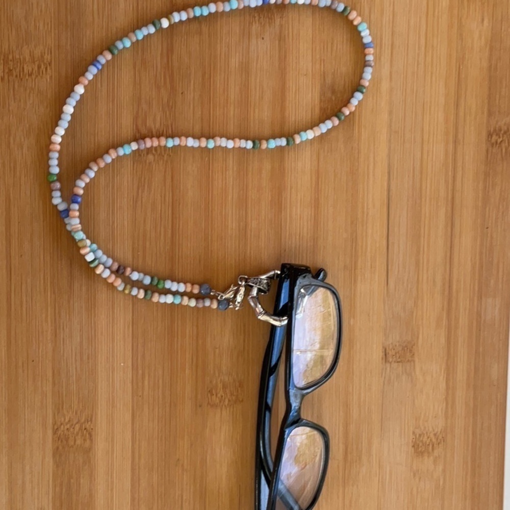 Hand Crafted Eyeglass Necklace Holder Gemstones Blue Beige Green Multi 26 inches